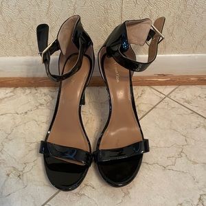 New Calvin Klein Black Patent Leather Open-Toed Heels with Ankle Strap